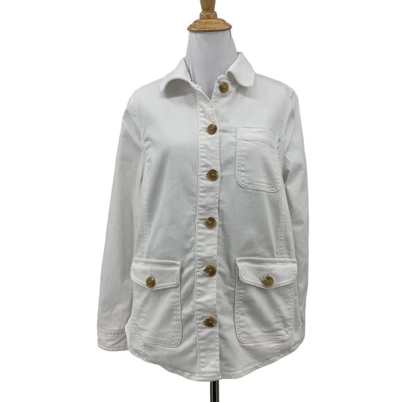 Talbots Button Up Denim Shirt Jacket Womens Petite S Small White Flap Pocket - Picture 1 of 11